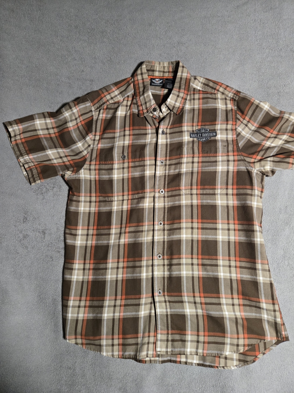 Harley-Davidson Brown, Cream & Orange Plaid Short-Sleeve Button-Up Shirt